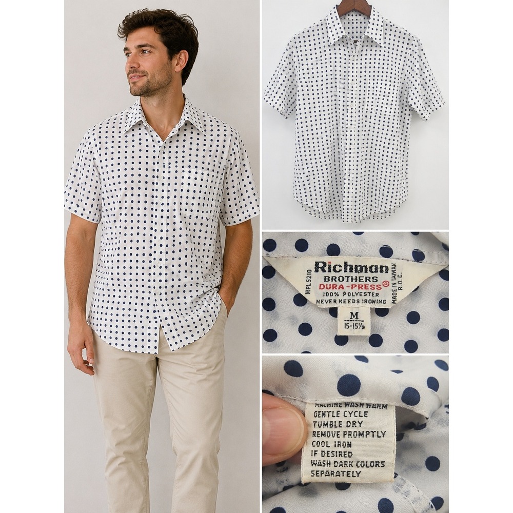 Richman Brothers Men Vintage 70s Polka Dot Shirt White Blue Dura-Press M 15-15.5